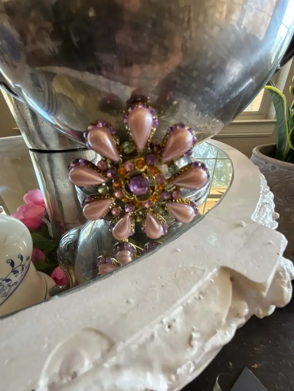 Vintage Floral Starburst Brooch with Pink Faux Pearl Petals and Purple Rhineston
